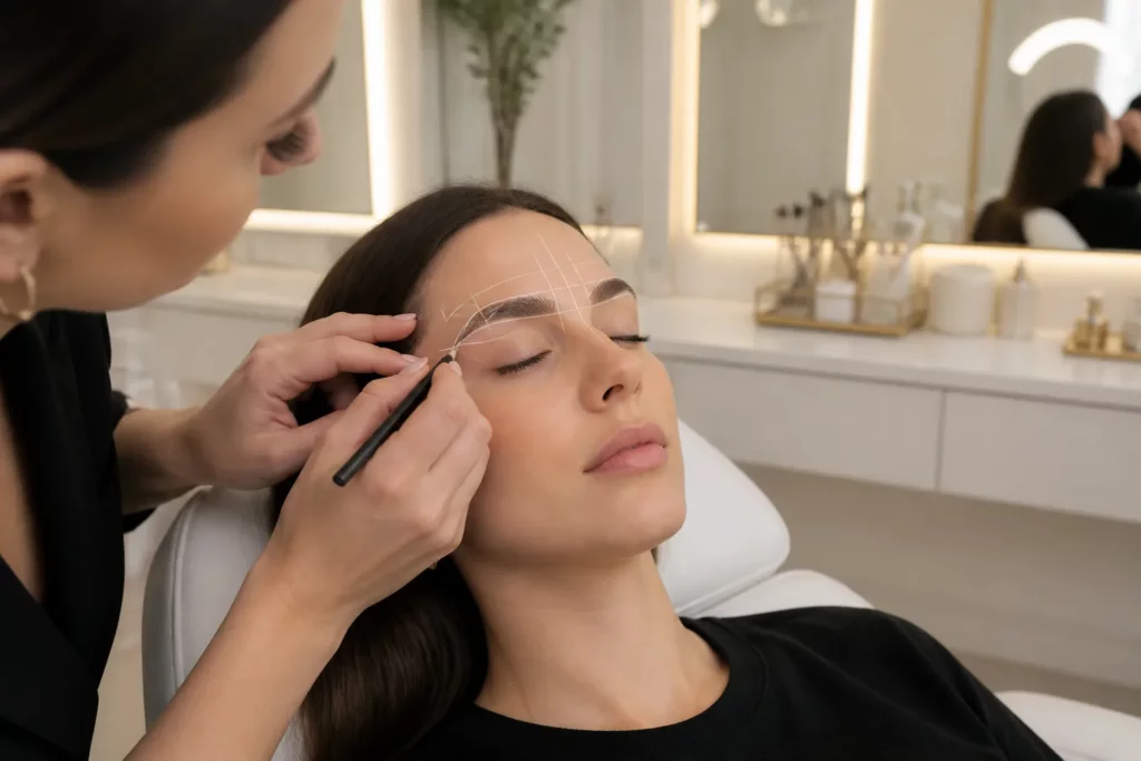 brow stylist tekent golden ratio lijnen op een wenkbrauw in een lichte brow studio