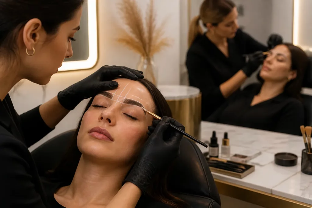 brow artist tekent golden ratio lijnen op een wenkbrauw terwijl in de achtergrond een tweede klant wordt behandeld