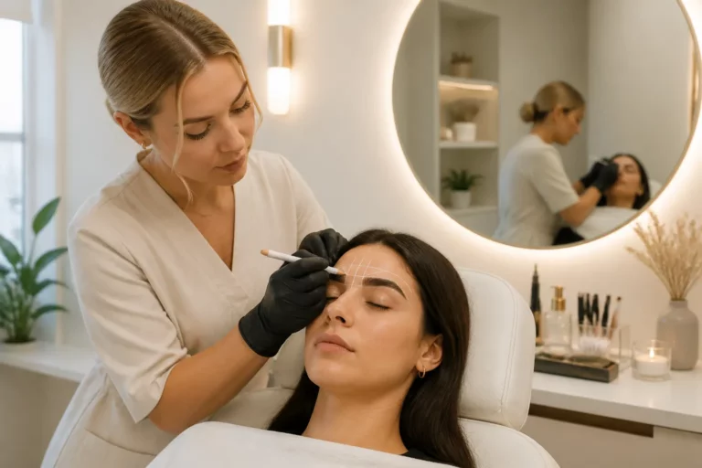 brow stylist tekent golden ratio lijnen op wenkbrauw van klant in lichte salon