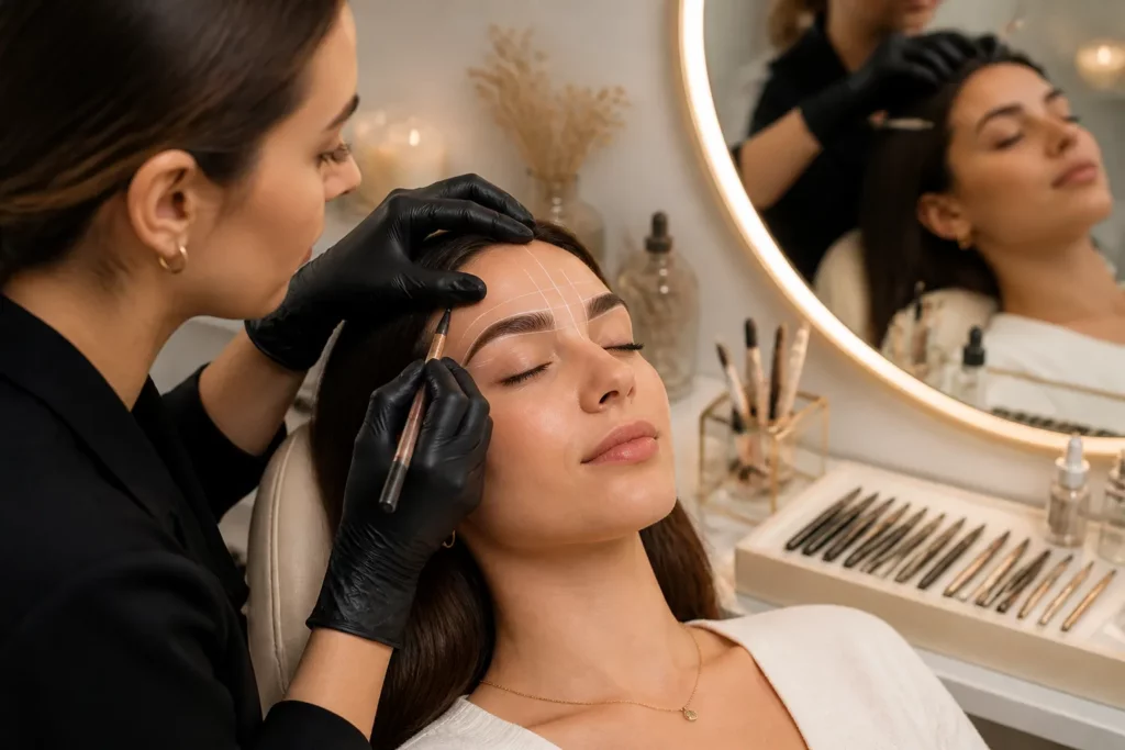 brow stylist brengt golden ratio lijnen aan op wenkbrauw van klant in rustige salonsfeer