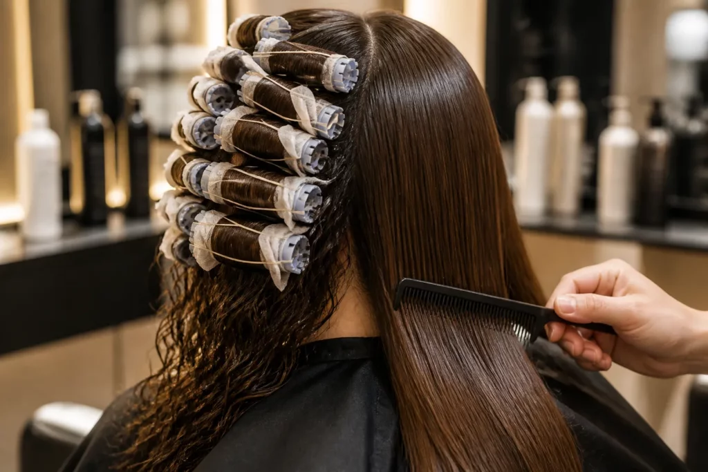 kapper werkt aan haar met aan één kant permanentrollers en aan de andere kant steil gestyled haar