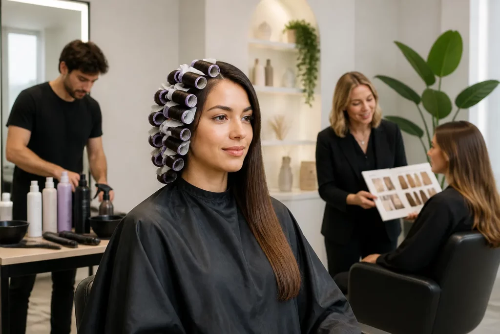 klant in kapsalon met half haar in permanentrollers en half steil terwijl kapper producten klaarzet