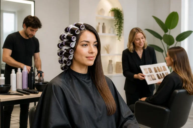 klant in kapsalon met half haar in permanentrollers en half steil terwijl kapper producten klaarzet