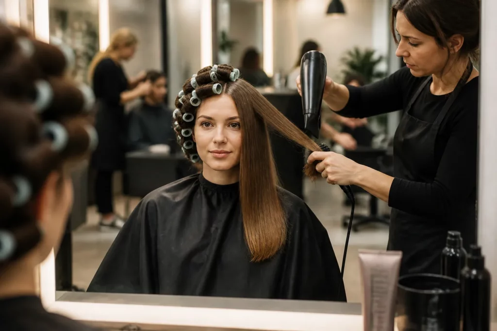 klant in kapsalon met haar half in permanentrollers en half steil geföhnd terwijl kapper ernaast staat
