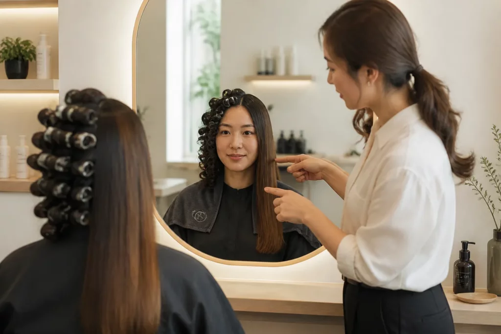 kapper die in een salon een klant met half permanentrollers en half steil gestyled haar adviseert