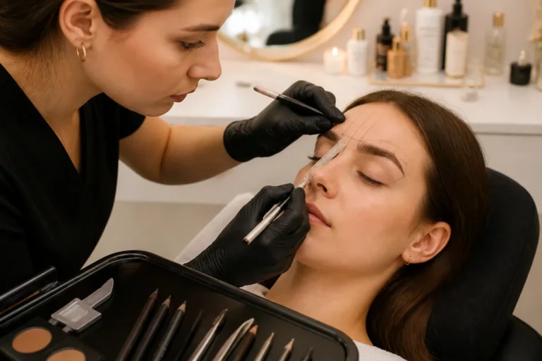 schoonheidsspecialiste die golden ratio lijnen tekent op de wenkbrauw van een klant in een salon