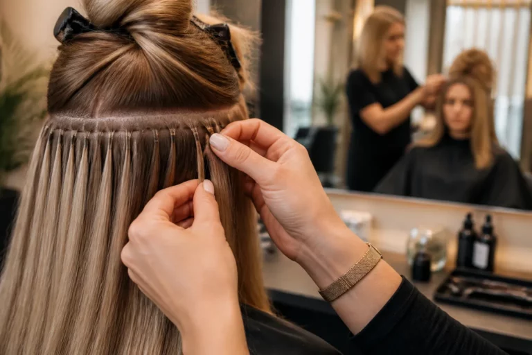 kapster zet nauwkeurig hair extensions in gescheiden haarstrengen terwijl klant in salonsstoel zit