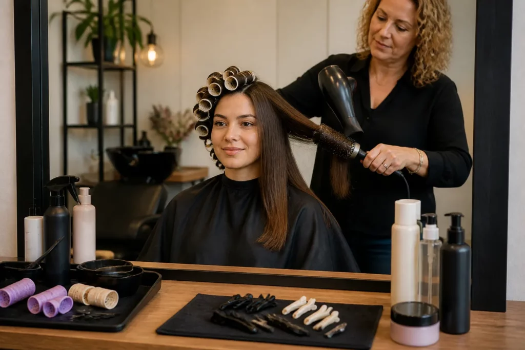 klant in kappersstoel met haar half in permanentrollers en half steil, kapper werkt in moderne salon
