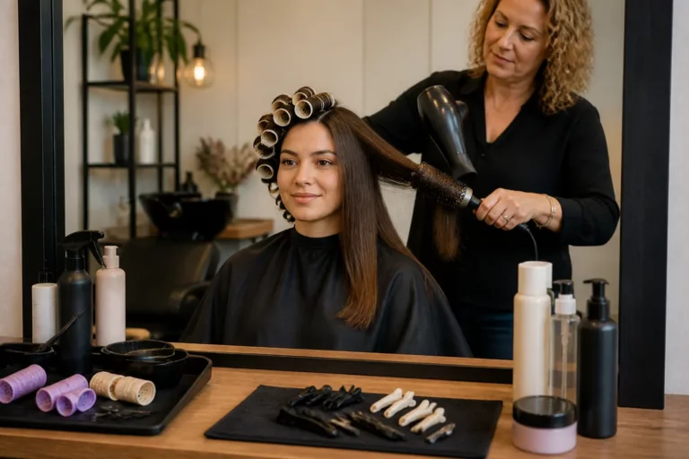 klant in kappersstoel met haar half in permanentrollers en half steil, kapper werkt in moderne salon