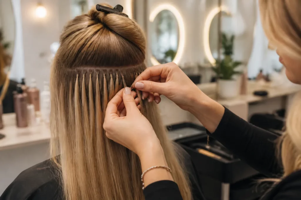 kapper die hair extensions in gescheiden haarstrengen bevestigt bij klant in kapsalon