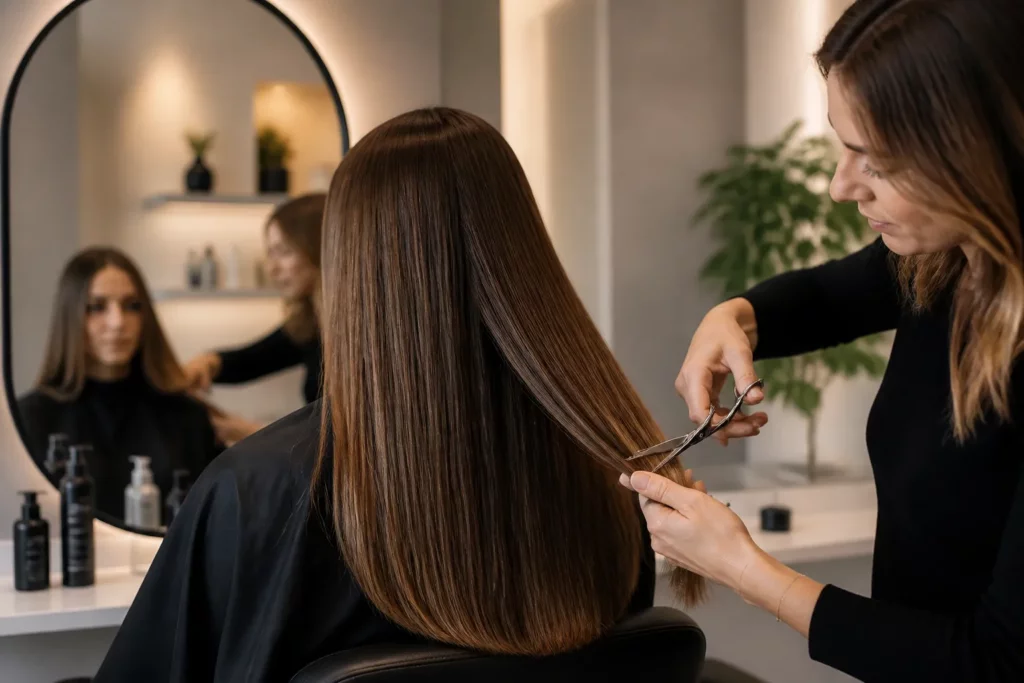 kapper knipt nauwkeurig de glanzende haarpunten van een klant in een moderne salon