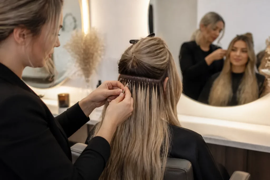 kapper zet zorgvuldig hair extensions in bij klant in lichte salon met spiegel op achtergrond
