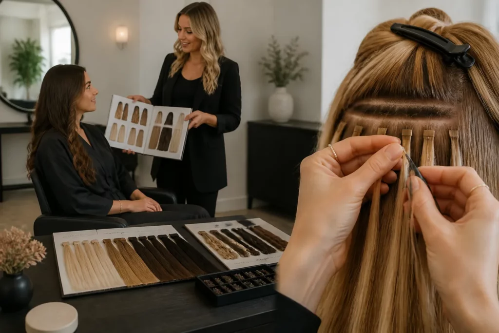 kapper die hair extensions inzet in gescheiden haarstrengen terwijl klant in stoel verschillende opties bekijkt