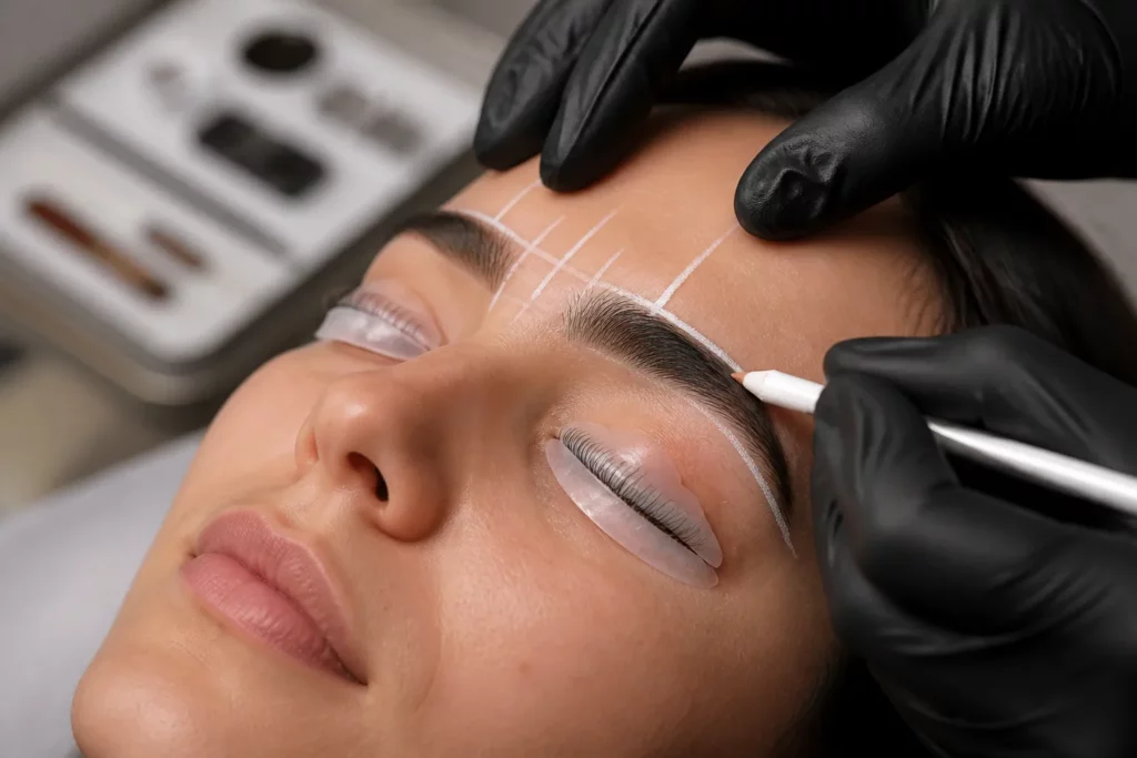 visagist tekent golden ratio lijnen op wenkbrauw terwijl klant lash lift pads onder de wimpers heeft