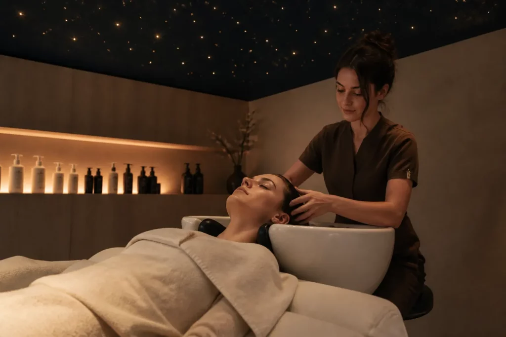 klant ligt achterover onder een sterrenplafond terwijl de hoofdhuid in een luxe hairspa wordt gemasseerd