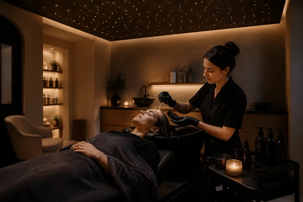 kapper voert rustige hairspa behandeling uit onder een zacht verlicht sterrenplafond