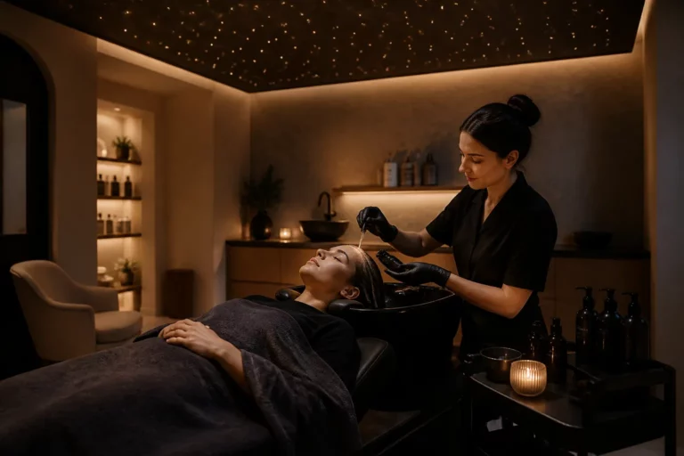 kapper voert rustige hairspa behandeling uit onder een zacht verlicht sterrenplafond