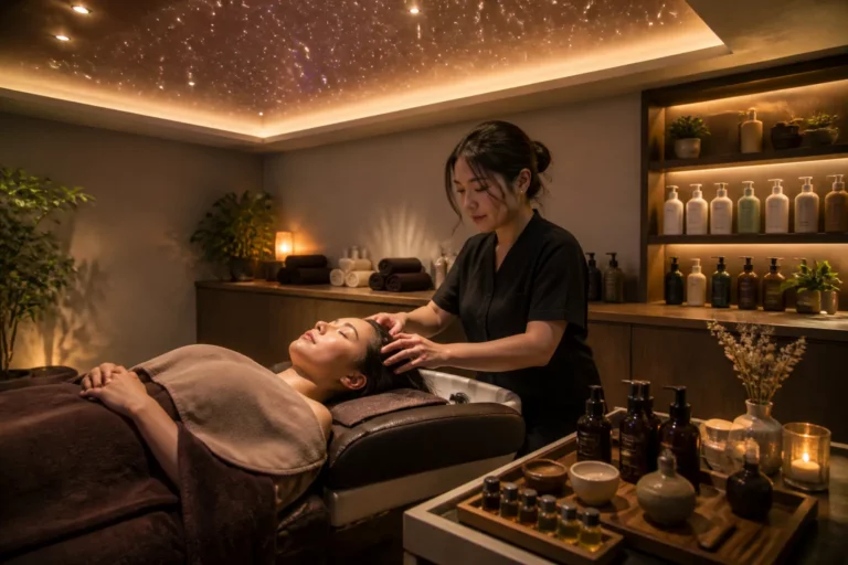 klant ligt ontspannen in hairspa-massagebed onder sterrenplafond terwijl kapster hoofdhuid behandelt