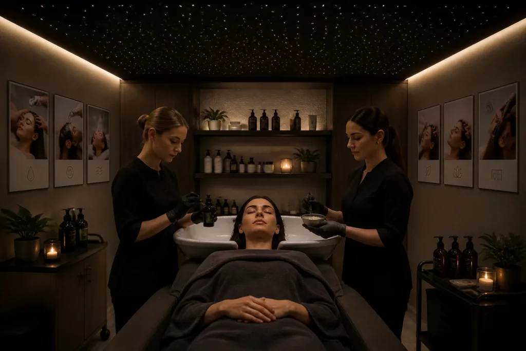 klant ligt onder een sterrenplafond in een hairspa terwijl twee stylisten verschillende behandelingen voorbereiden