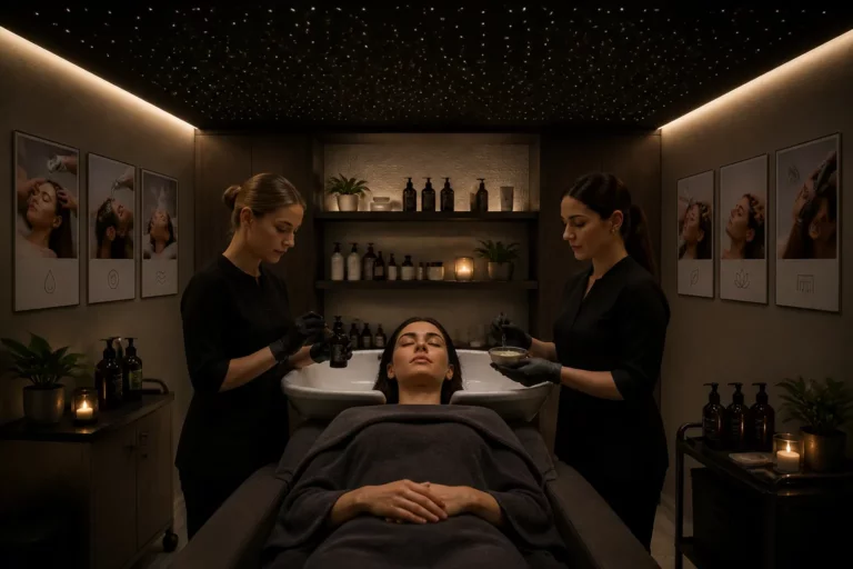 klant ligt onder een sterrenplafond in een hairspa terwijl twee stylisten verschillende behandelingen voorbereiden