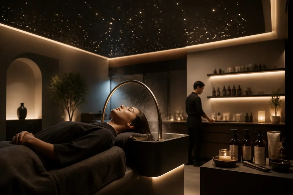 ontspannen klant in hairspa-massagebed onder sterrenplafond in moderne salon