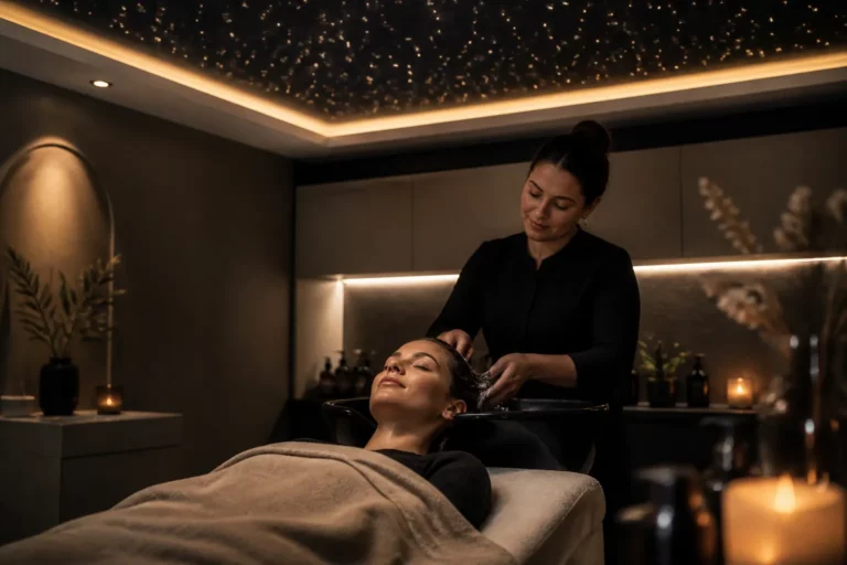 ontspannen klant in hairspa-massagebed onder sterrenplafond terwijl kapper haar verzorgt