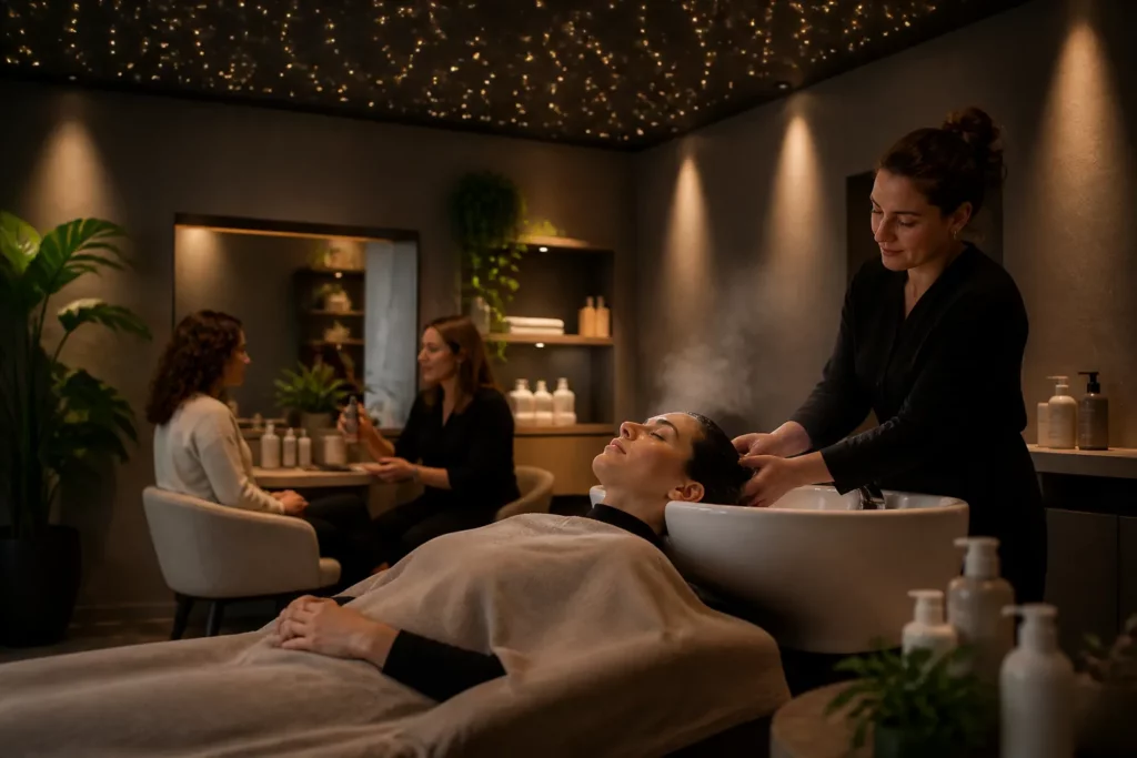 hairspa-ruimte met sterrenplafond, klant in massagebed en kapster in gesprek met andere klant op achtergrond