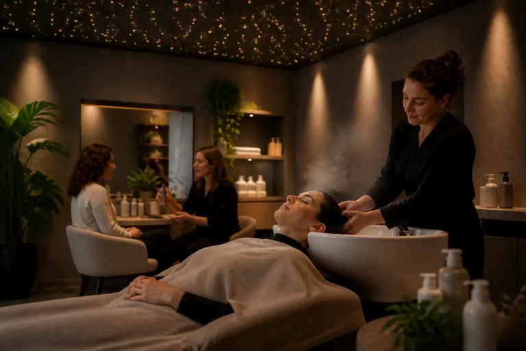 hairspa-ruimte met sterrenplafond, klant in massagebed en kapster in gesprek met andere klant op achtergrond