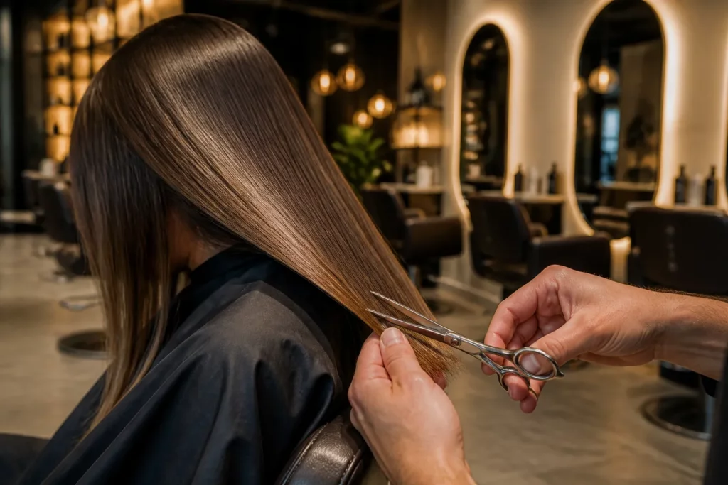 kapper knipt precies glanzende haarpunten in een drukke, moderne kapsalon
