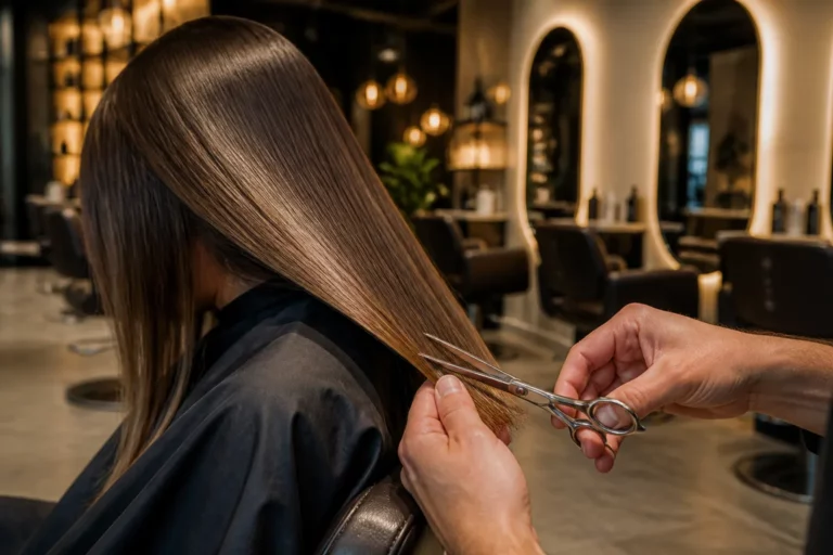 kapper knipt precies glanzende haarpunten in een drukke, moderne kapsalon