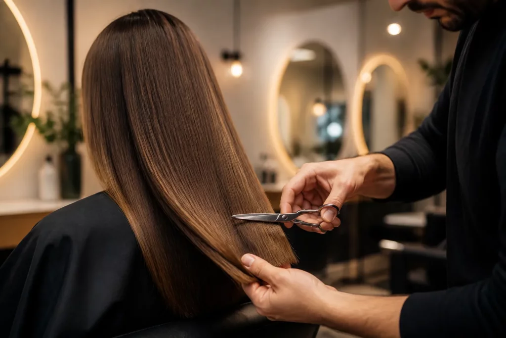 kapper die met scherpe schaar nauwkeurig de punten van glanzend haar knipt in een rustige salon
