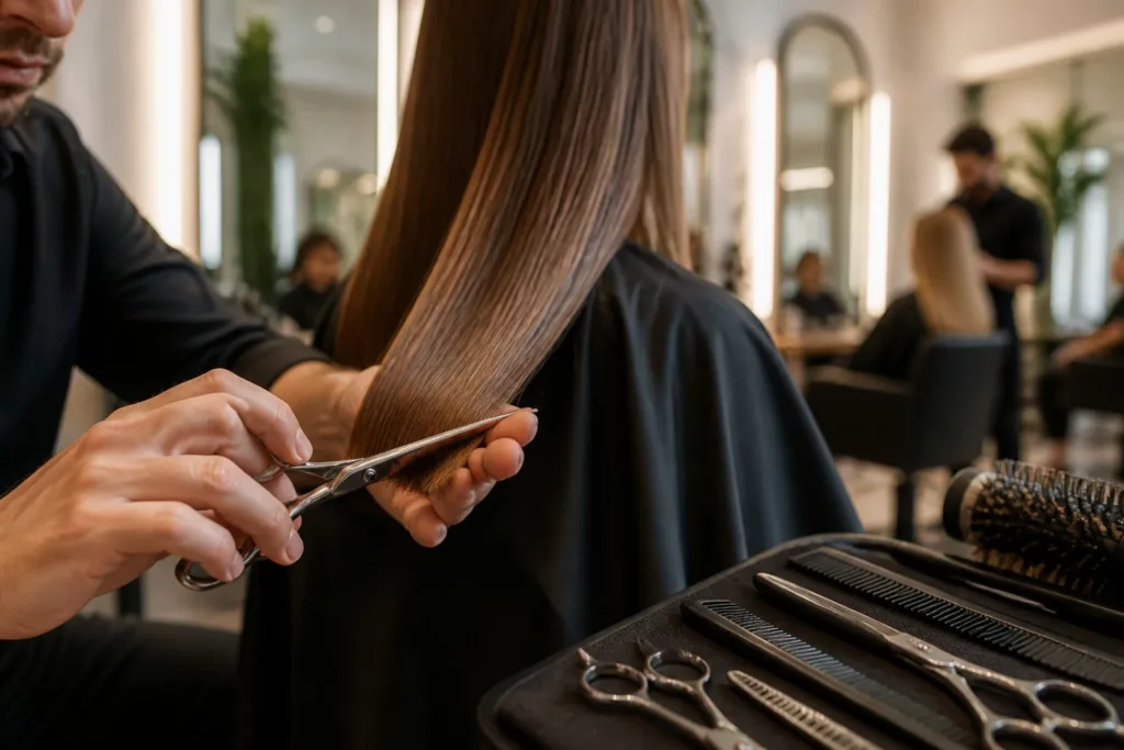 kapper knipt zorgvuldig de punten van glanzend haar met een scherpe schaar in een moderne salon